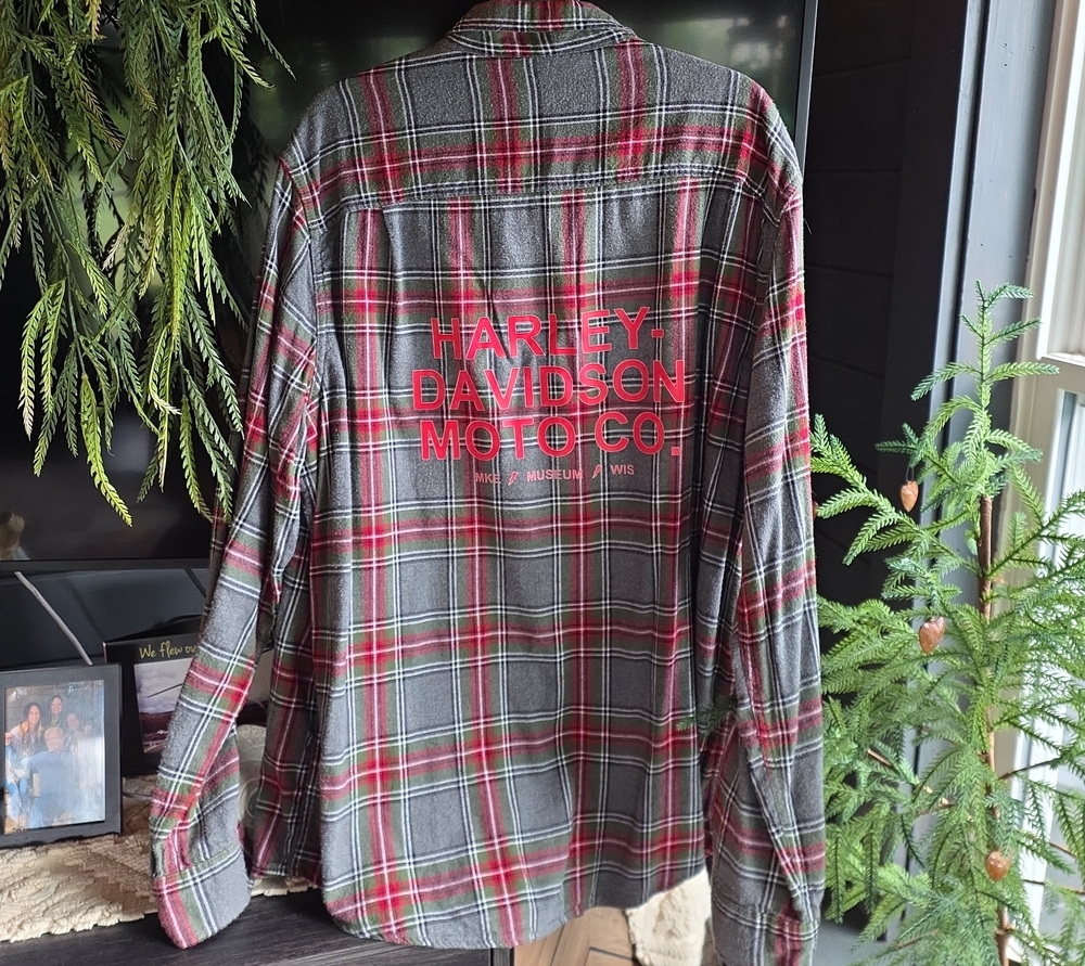 George Gray and Red Plaid Button-Down Flannel With Custom Harley Logo